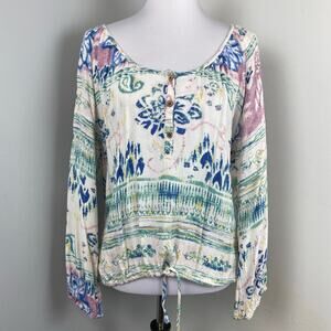 O'Neill Pastel Watercolor Floral Tie Front Boho Scoop Neck Peasant Blouse XL